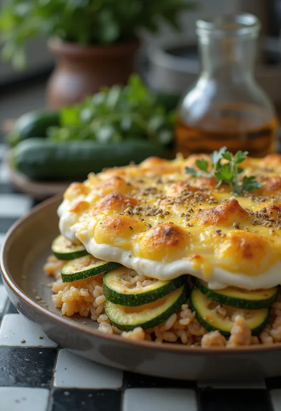 Pastel de calabacitas en capas recién horneado con cubierta dorada de crema