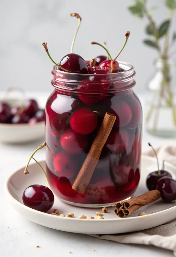 Cerezas encurtidas servidas en un frasco