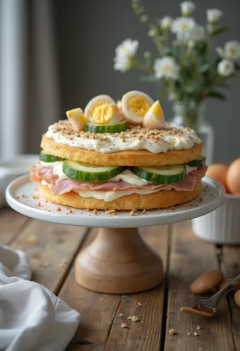 Smörgåstårta con jamón y pollo servido