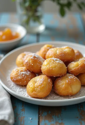 Buñuelos de requesón servidos espolvoreados con azúcar glass