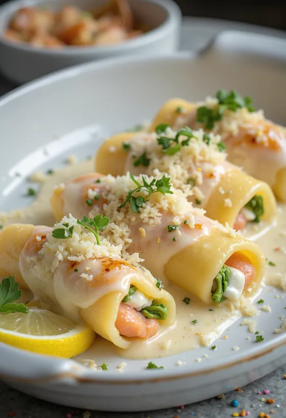 Canelones de salmón ahumado y wasabi servidos elegantemente