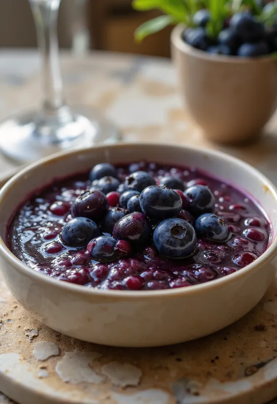 Salsa de vinagre balsámico con arándanos servida