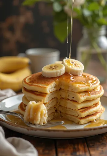 Hot cakes de plátano servidos con fruta fresca y miel.