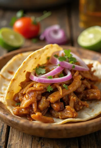 Tacos de Carnitas de cerdo cocido lento, con cilantro y cebolla