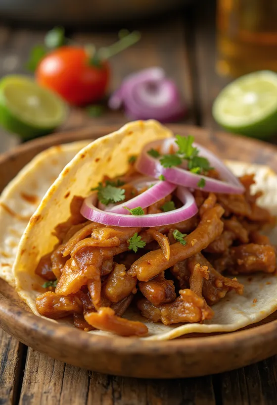 Tacos de Carnitas de cerdo cocido lento, con cilantro y cebolla