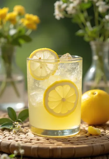 Sidra con limón y flor de saúco, decorada con limón y flores