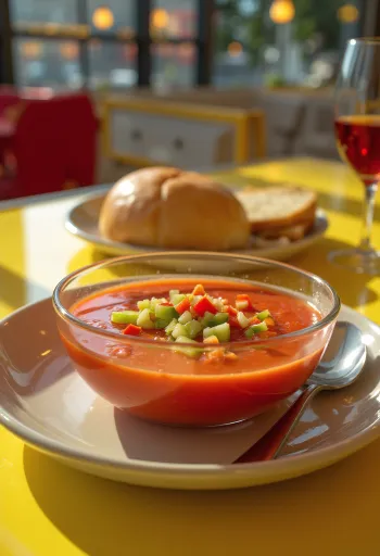Gazpacho fresco servido helado, decorado con verduras picadas