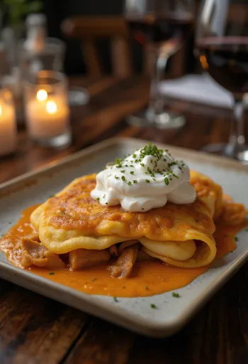 Crepa de carne estilo Hortobágy servida con crema y perejil fresco.