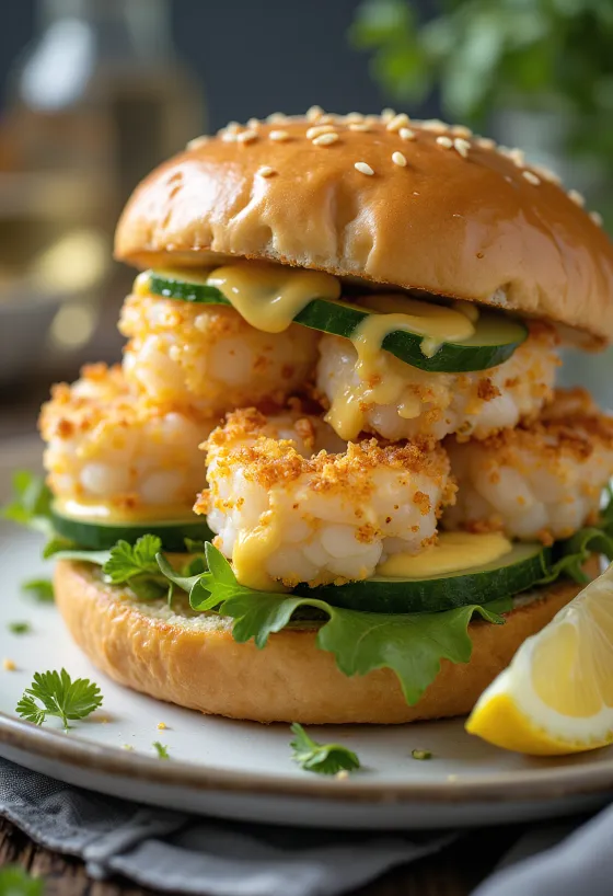 Hamburguesa de cangrejo recién hecha con perejil y limón
