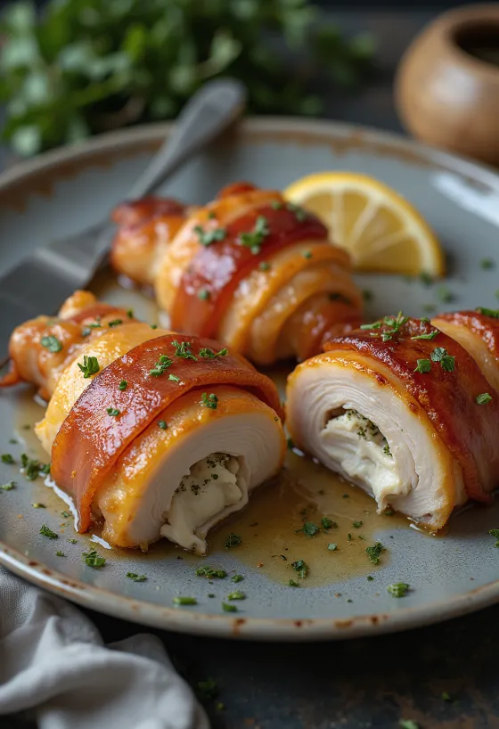 Pechuga de pollo envuelta en tocino servida con verduras al vapor