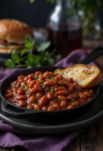 Frijoles cocidos en salsa espesa servidos en cazuela