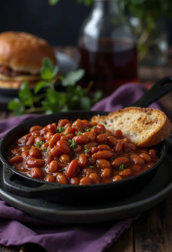 Frijoles cocidos en salsa espesa servidos en cazuela