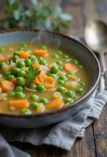 Sopa de chícharos fresca decorada con verduras crujientes y perejil