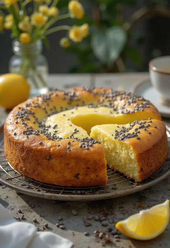Pastel de limón con semillas de amapola rebanado