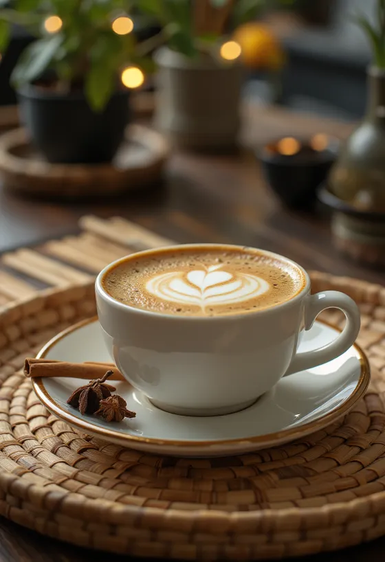 Latte de canela y clavo con raja de canela y crema batida