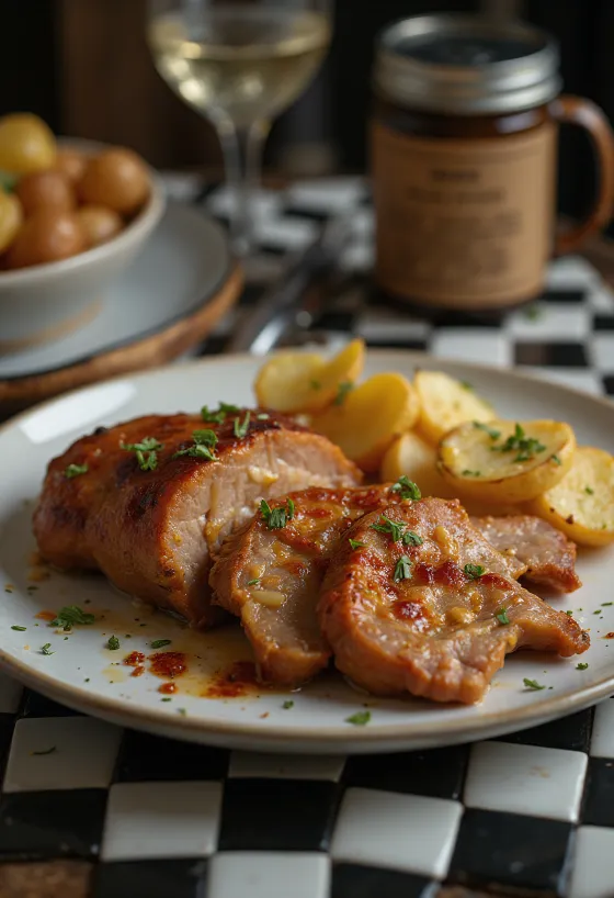 Carne de cerdo al ajo asada crujiente, servida con hierbas frescas