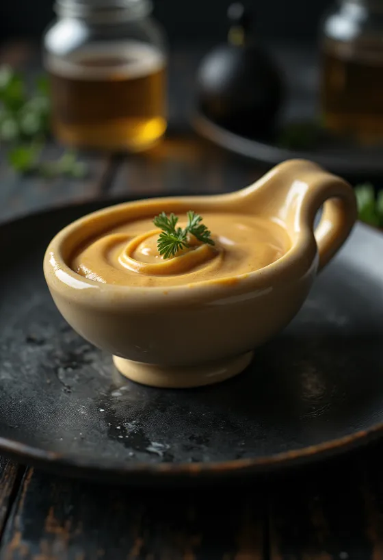 Salsa de cerveza y mostaza servida en un plato