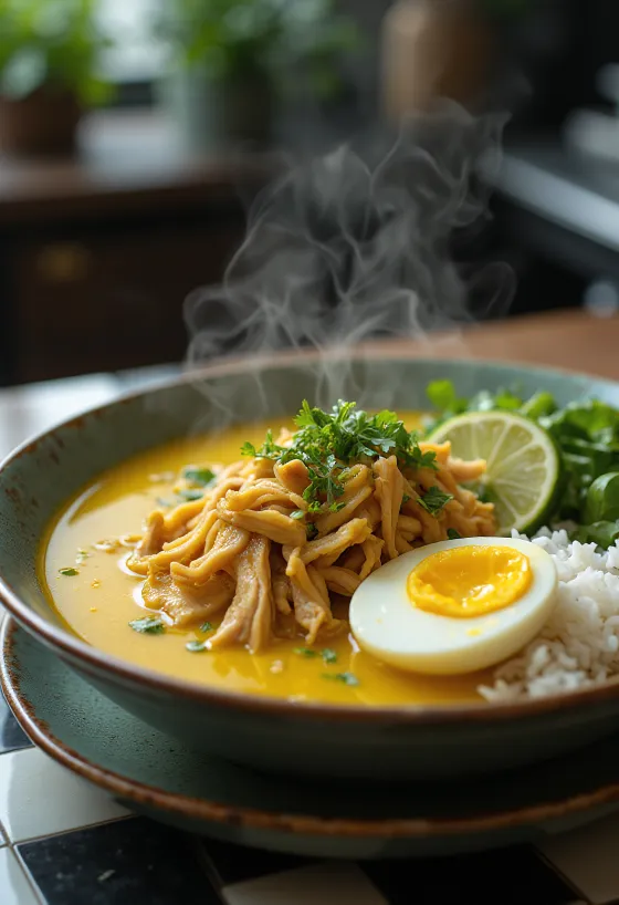 Soto ayam con arroz, servido fresco, con huevo y carne de pollo