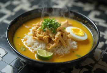 Soto ayam con arroz, servido fresco, con huevo y carne de pollo