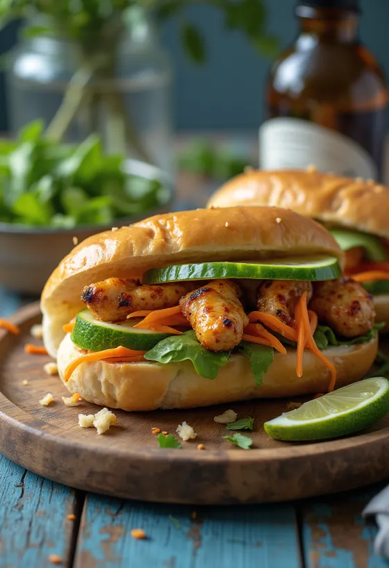 Bánh Mì Gà Nướng sándwich de pollo a la parrilla servido con verduras frescas y cilantro.