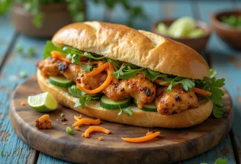 Bánh Mì Gà Nướng sándwich de pollo a la parrilla servido con verduras frescas y cilantro.