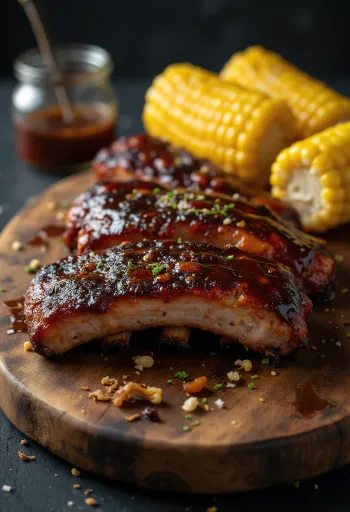 Costillas BBQ servidas con elote