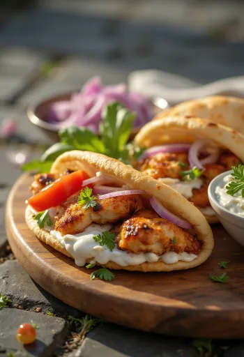 Pita gyros de pollo con tzatziki fresco y verduras en pan pita
