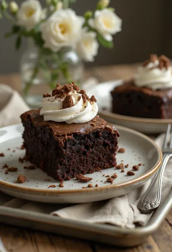 Pastel brownie de chocolate con crema batida y virutas de chocolate