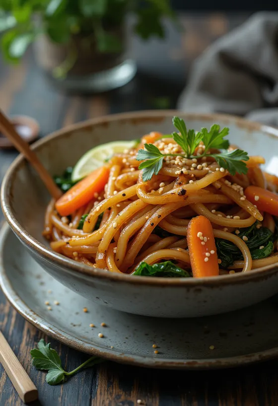 Japchae con salsa de soya servido, con fideos de camote y verduras
