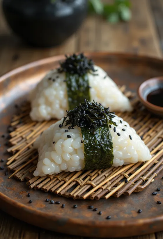 Onigiri relleno de alga kombu, decorado con ajonjolí negro