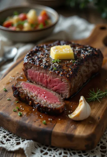 Steak de Kudú servido con gajos de limón y verduras.