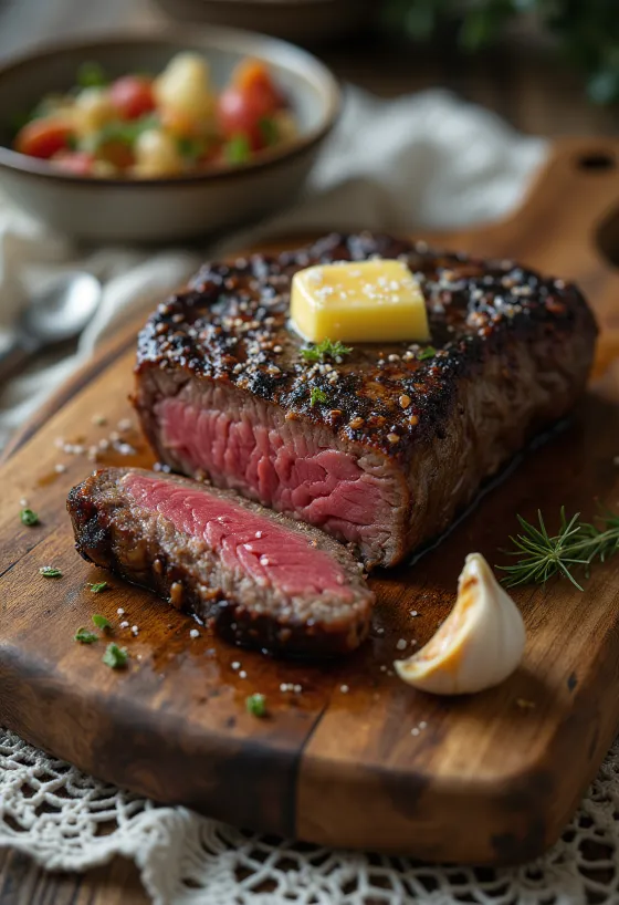 Steak de Kudú servido con gajos de limón y verduras.