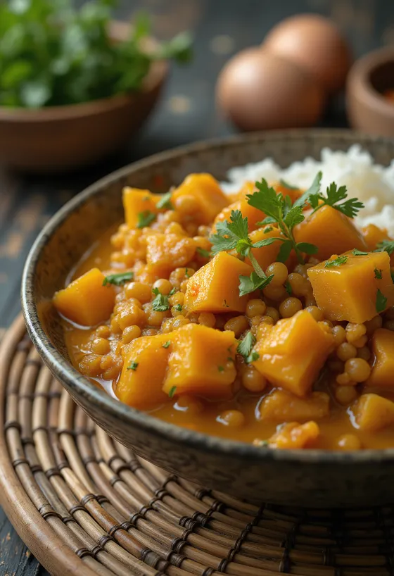 Curry de lentejas con camote servido