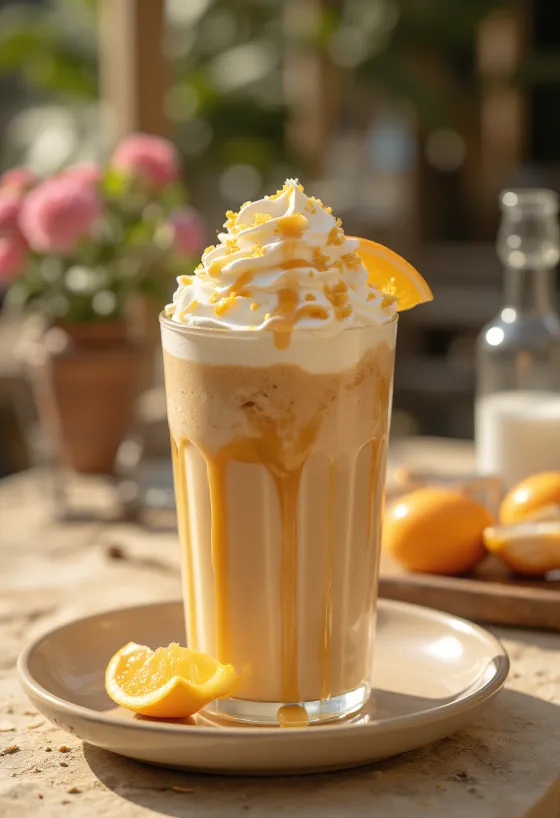 Frappé de naranja y caramelo con crema batida y ralladura