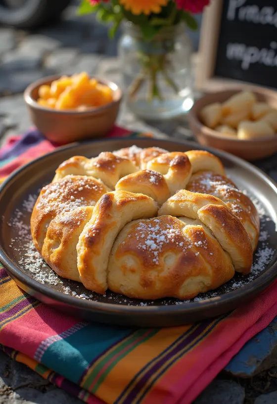 Pan de muerto mexicano recién horneado