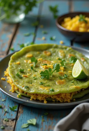 Pesarattu con upma, decorado con cilantro fresco y limón, sabores ricos