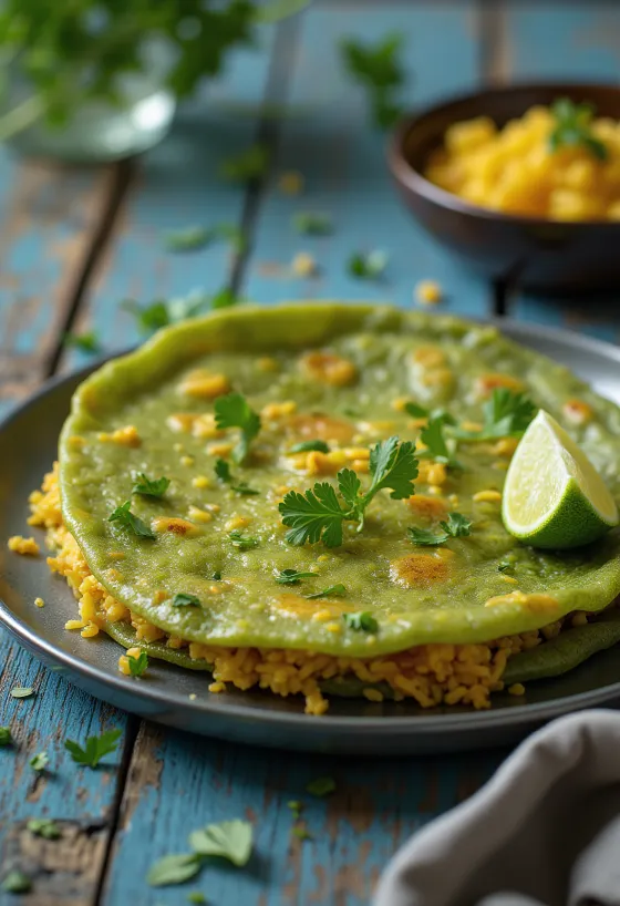 Pesarattu con upma, decorado con cilantro fresco y limón, sabores ricos
