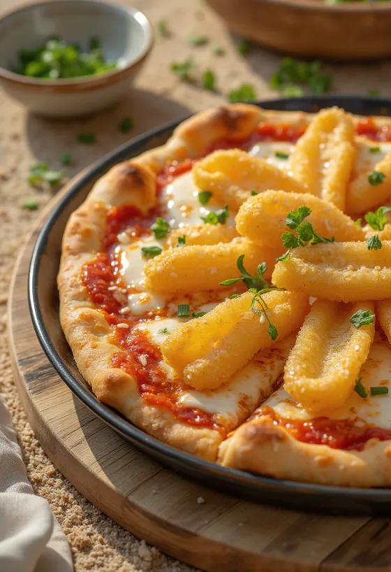 Pizza japonesa con verduras tempura servida