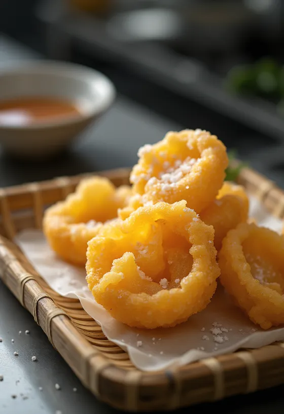 Tempura de Satsumaimo recién servida, crujiente y dorada