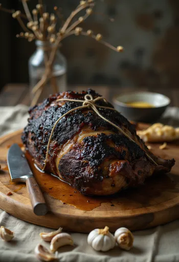 Jabalí asado en varilla con hierbas y verduras asadas