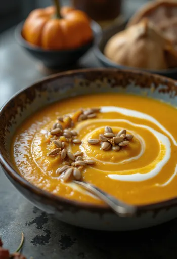 Crema de calabaza de textura suave y sedosa, decorada con pepitas tostadas