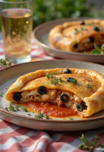 Calzone de atún y aceitunas servido