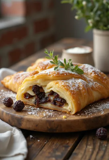 Strudel de requesón con pasas servido con azúcar glass