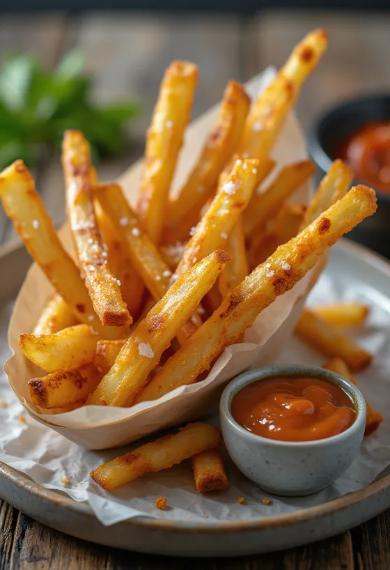 Bastones de apio nabo asados hasta dorar, espolvoreados con perejil fresco.