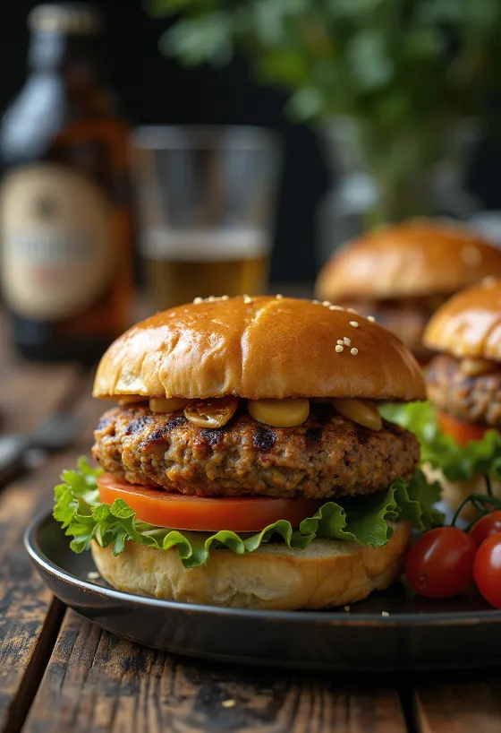 Hamburguesas de lentejas con carne molida a la parrilla, servidas con verduras frescas y salsas