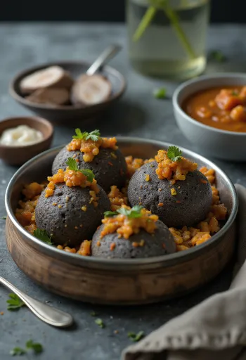 Idli de ragi, servido con cilantro fresco y hojas de curry