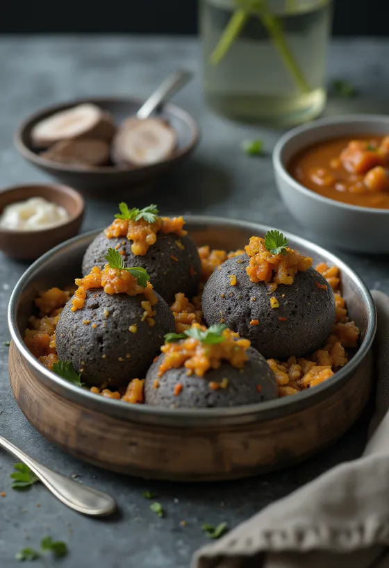 Idli de ragi, servido con cilantro fresco y hojas de curry