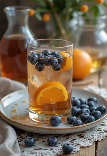 Sidra con miel y arándanos decorada con rodaja de naranja y arándanos