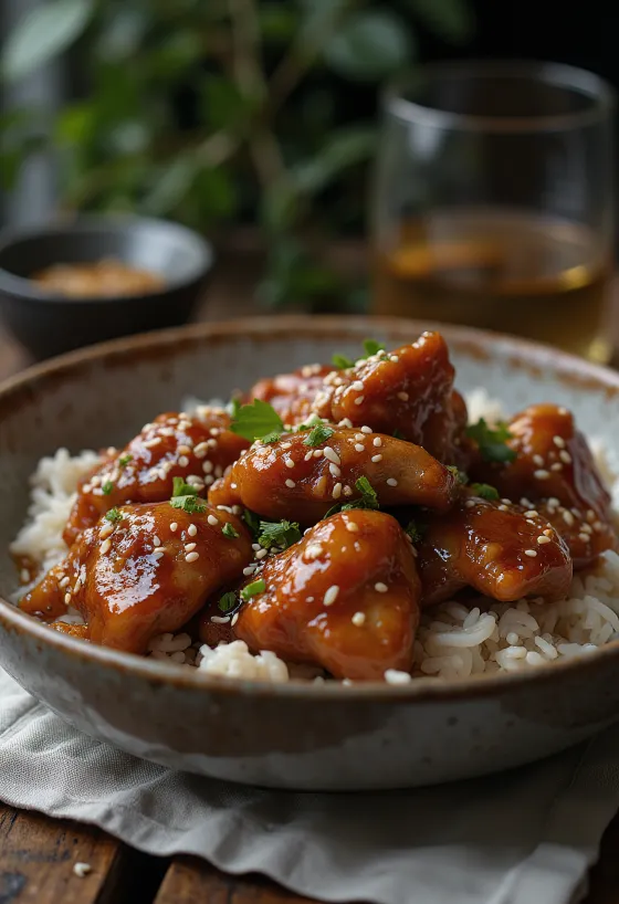Pollo a la miel dorado, espolvoreado con ajonjolí y hierbas frescas