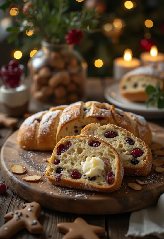 Stollen de pan de jengibre rebanado, espolvoreado con azúcar glass